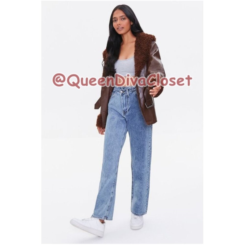 F21 Dark Chocolate Brown Faux Leather Fur Trimmed Belted Retro 90's 70s Jacket L - Picture 8 of 9
